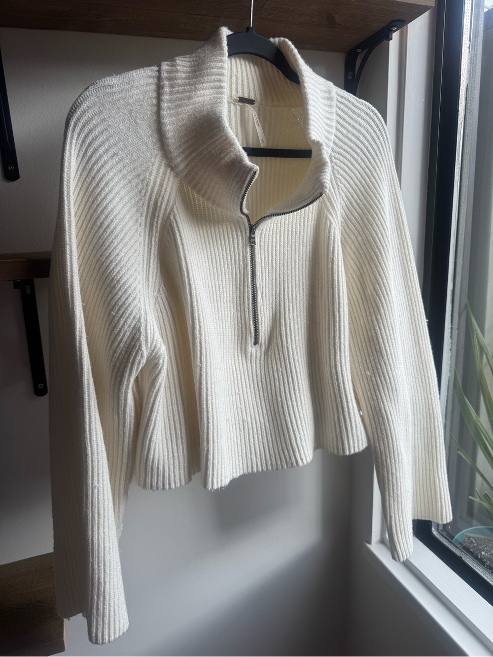 Free People Cream Ribbed Half-Zip Turtleneck Sweater